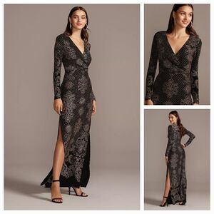 New BLU SAGE Women's (8) Black Gold Glitter Print Bodycon Long Sleeve Dress $150